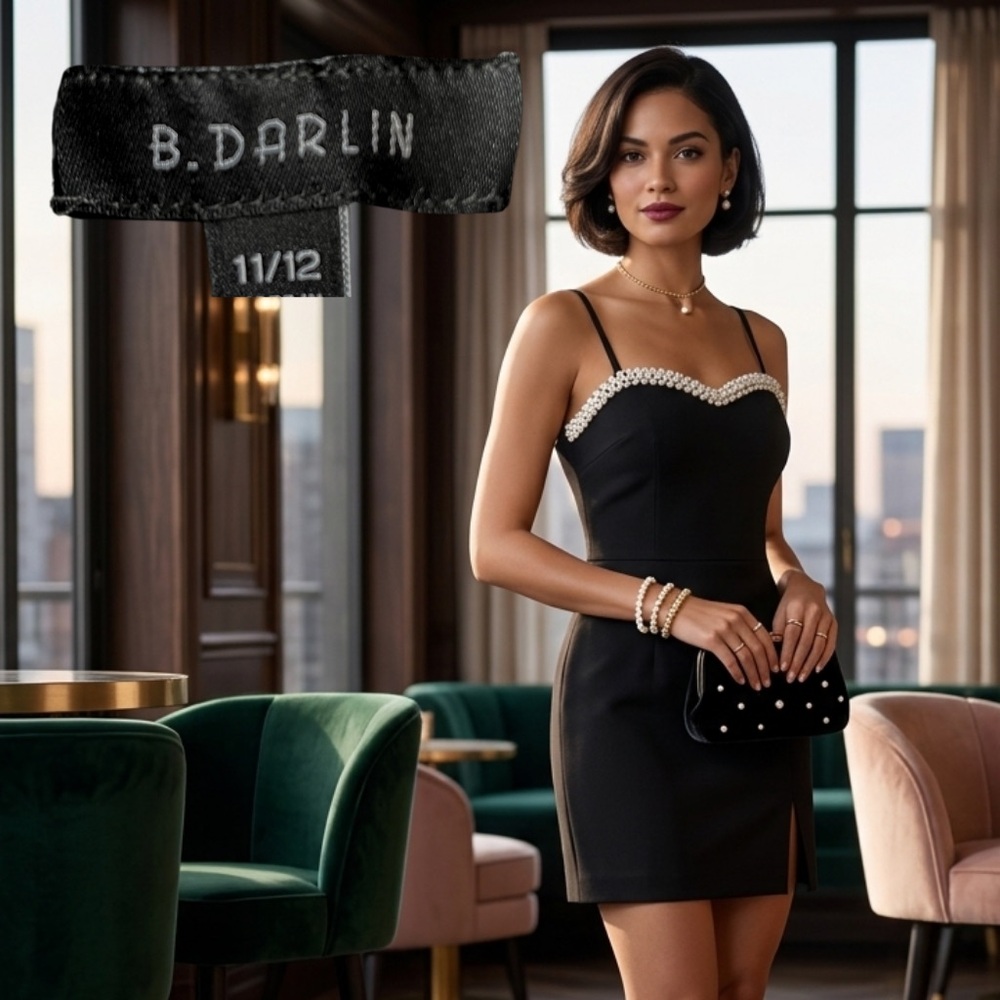 B. DARLIN Women's Pearl Trim LBD Black Sheath Party Dress NWT Size 11/12 Junior